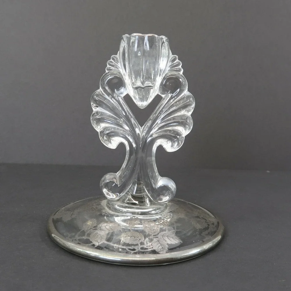 Glass Candle Holders Silver City Grapes Raspberry Clear Silver Overlay 5.5